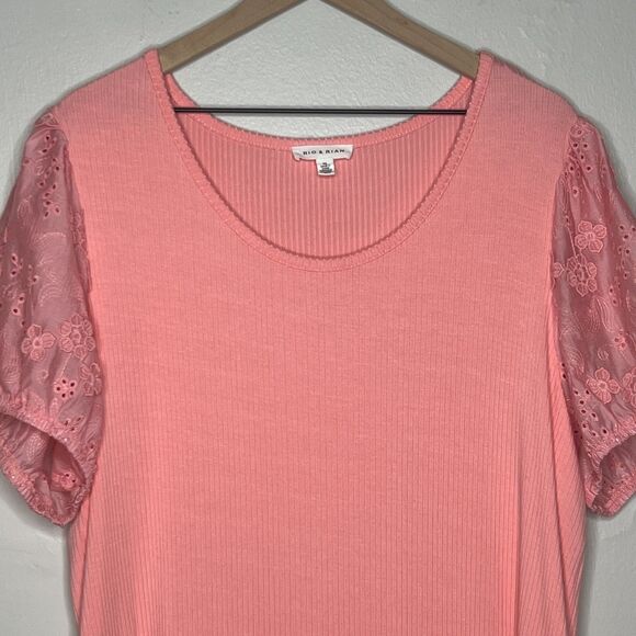 Rio & Rian Womens Blouse 3X Pink Floral Eyelet‎ Sleeve Stretch Casual Ribbed - Picture 7 of 8